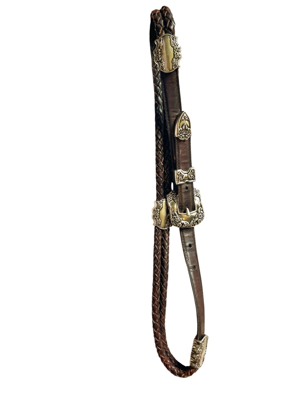 Braided Brown Leather Belt with Ornate Silver Buckles